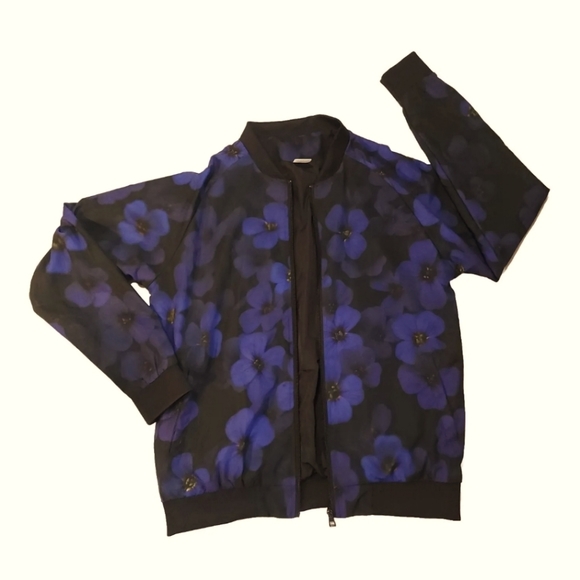 Harlow & Lloyd Midnight Purple Flower Bomber Jacket Mens Large Unisex EUC - Picture 1 of 8